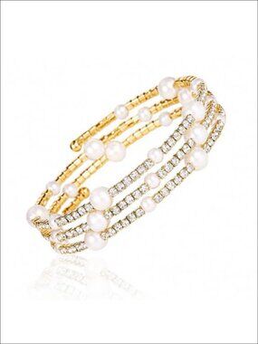 Gold Plated Rhinestone Pearl Cuff Bracelet Multi-Layer Bangle Women Elegant